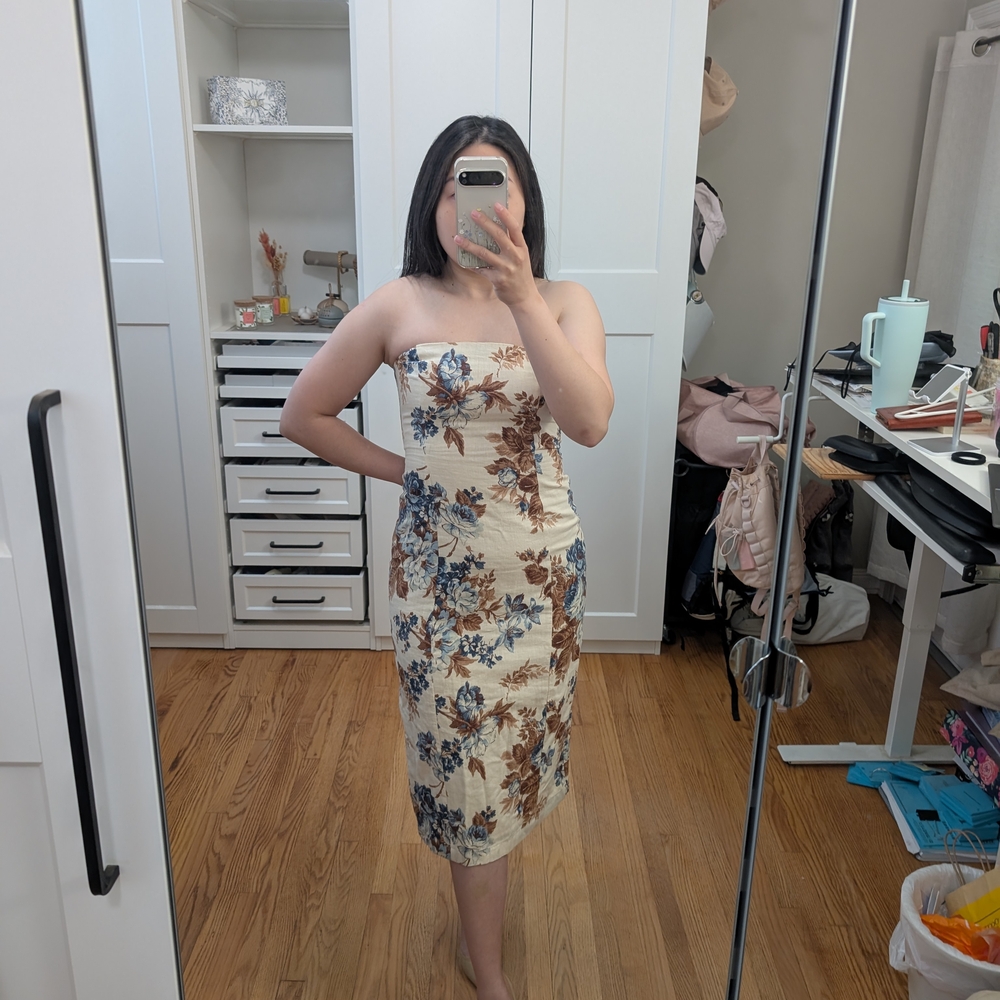 Abercrombie & Fitch Floral Strapless Dress - Cream and Blue